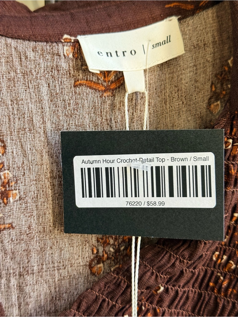 ENTRO NWT Autumn Hour Crochet Detail to. Brown Small. Puff sleeves. Beautiful - Picture 6 of 9